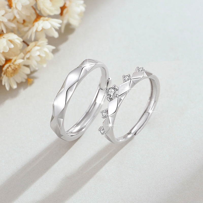 Crown Pure Silver 999 Couple Ring Men's and Women's Fashion All-Match Zircon Ring Thing Ins Wind Rhombus Ring