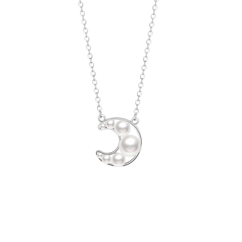 Moon Sterling Silver 925 Necklace Female Niche Light Luxury High-Grade Shijia Pearl Clavicle Chain Ins Style Star Pendant