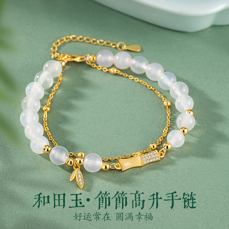 Hetian Jade Sterling Silver 925 Bracelet Women's Court Style High-Grade Bamboo Bracelet New Chinese Style Ins Style Chalcedony Bracelet