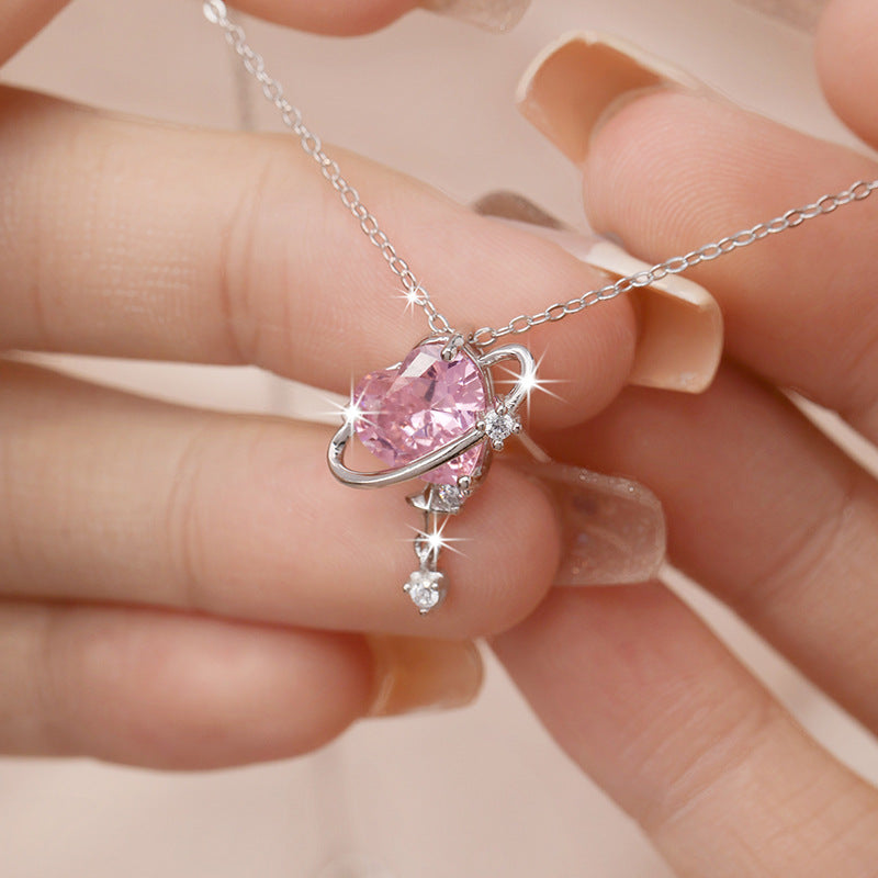 Lovely Sterling Silver 925 Necklace Female Niche Design Light Luxury Pink Zircon Clavicle Chain Get Things Ins Planet Pendant