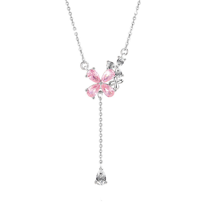 Flower Sterling Silver 925 Necklace Women's Fashion Versatile Pink Zircon Clavicle Chain 520 Valentine's Day Tassel Pendant