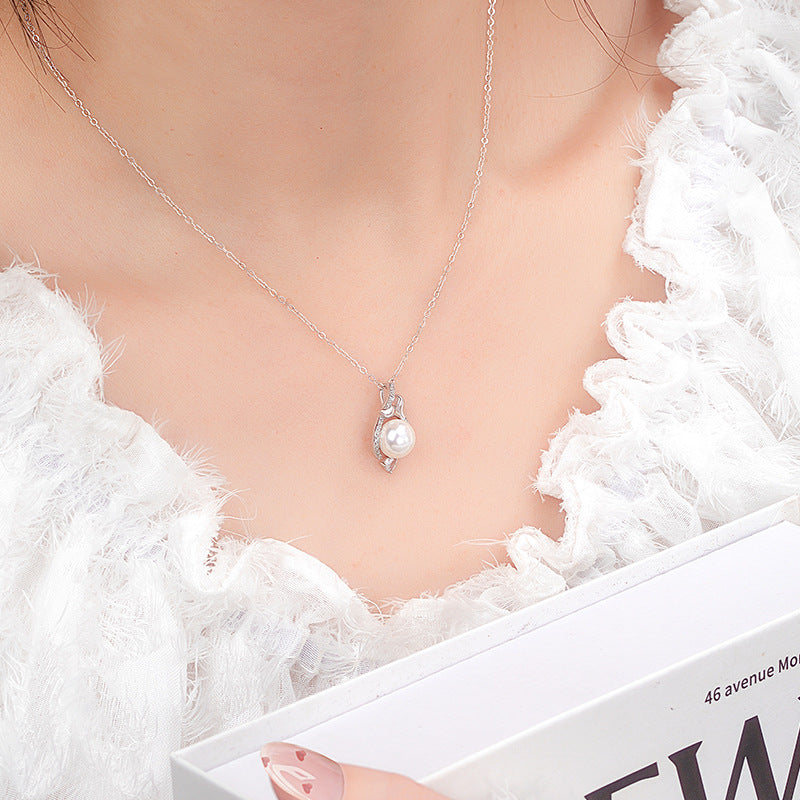 S92 Sterling Silver Fishtail Pearl Jewelry Set High-Grade Light Luxury Necklace Ear Hook Two-Piece Commuter Gift Silver Jewelry