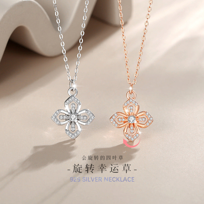 Lucky Clover Sterling Silver 925 Necklace Female Niche Design Light Luxury Style Zircon Clavicle Chain Ins Rotatable Pendant