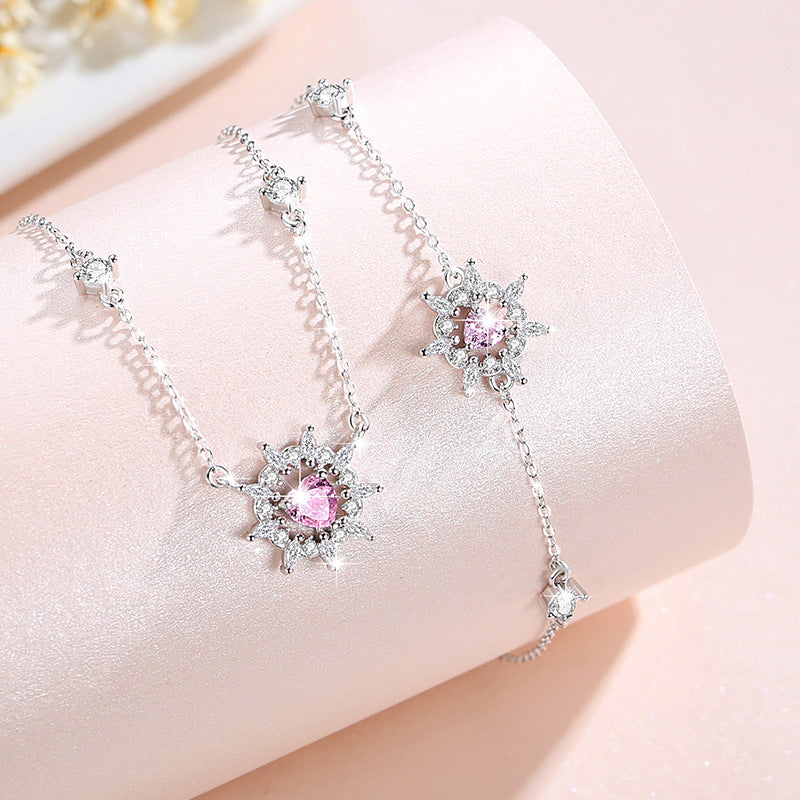 Lucky Sunflower Sterling Silver 925 Bracelet Female Niche Design Light Luxury Pink Zircon Ins Get Love Bracelet