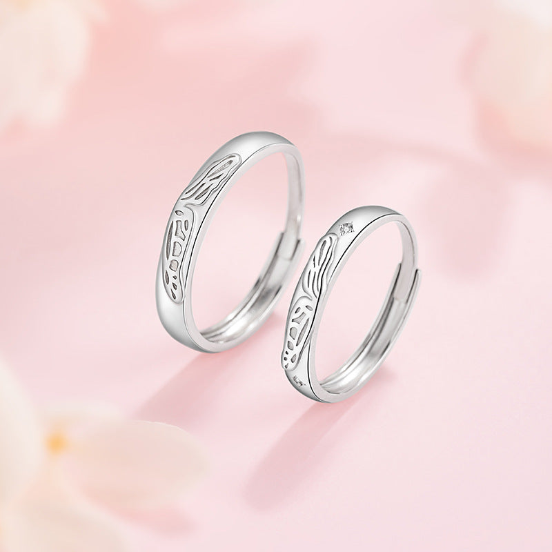 Butterfly Pure Silver S999 Couple Ring Light Luxury High-Grade Angel Wings Plain Ring Valentine's Day Gift Wings Pair Ring