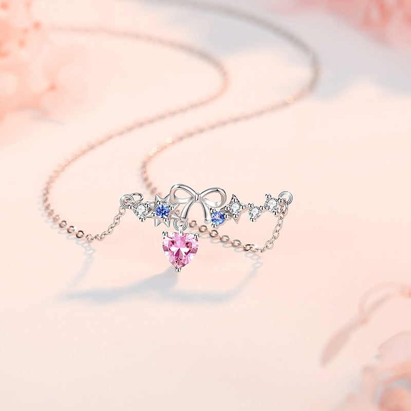 Lovely Sterling Silver 925 Necklace Women's Fashion All-Match Star Pink Diamond Clavicle Chain Ins Style Bow Tassel Pendant