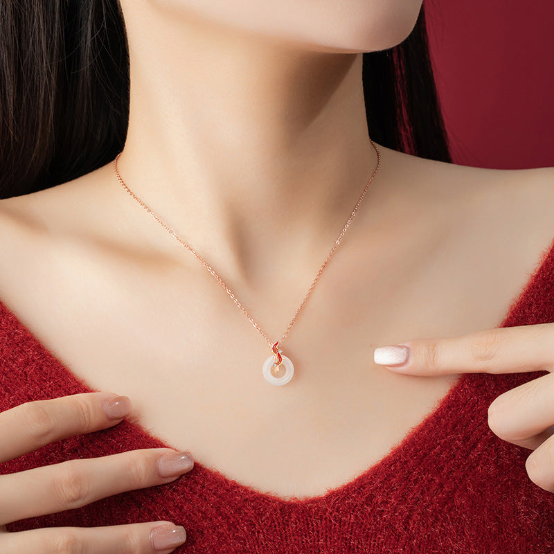 Koi Fish S925 Silver Chalcedony Necklace Female Niche Design Light Luxury Zircon Clavicle Chain Ins Safety Buckle Pendant