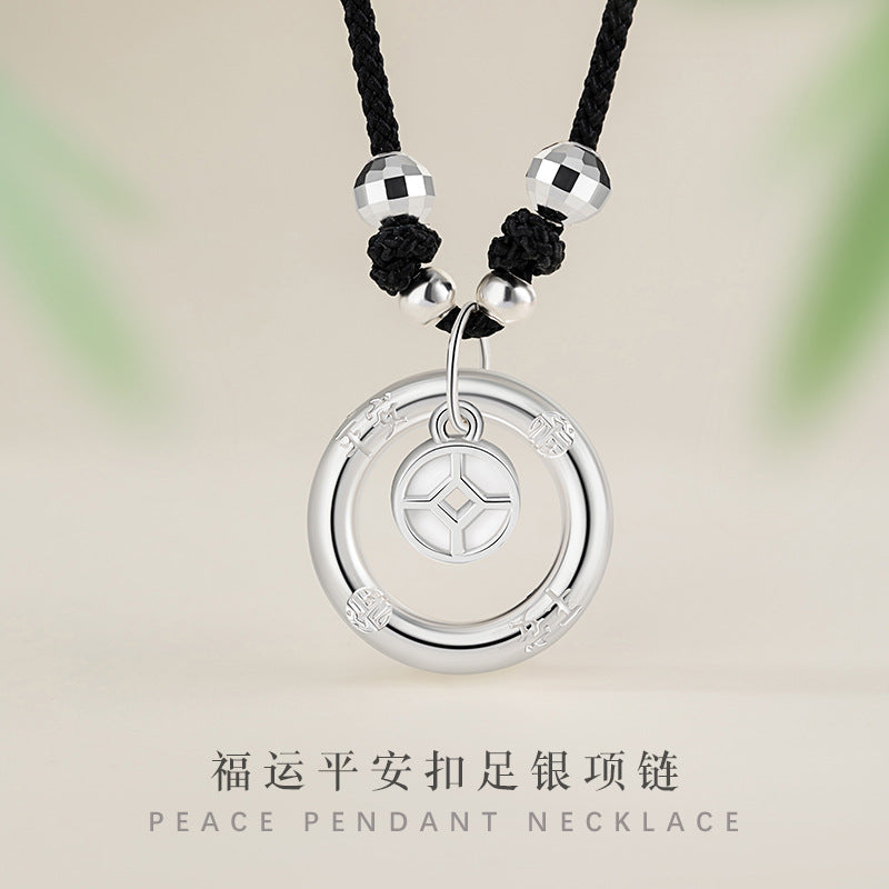 Safety Buckle Pure Silver 999 Necklace Men's Niche Design Light Luxury Coin Necklace Ins Style Copper Coin Pendant for Boyfriend