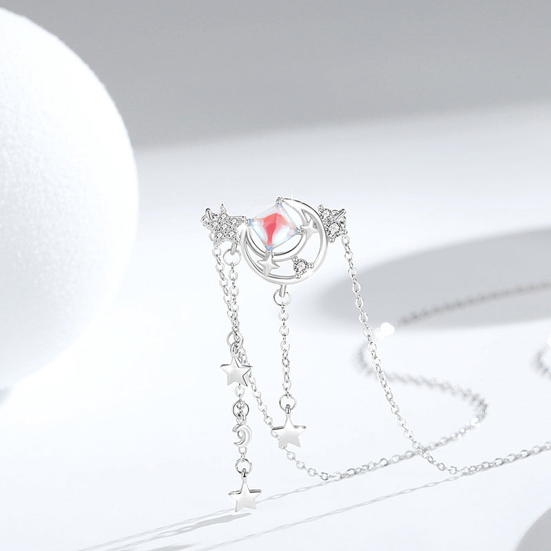 Moon Sterling Silver 925 Necklace Women's Light Luxury All-Match Meteor Shower Clavicle Chain Ins Star Tassel Glass Stone Pendant