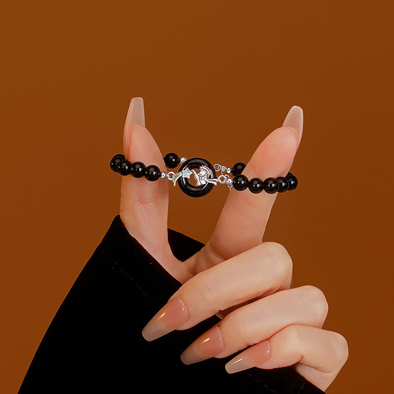 New Chinese Style S925 Sterling Silver Little Prince and Rose Couple Bracelet Natural Agate Safety Buckle High-Grade Bracelet