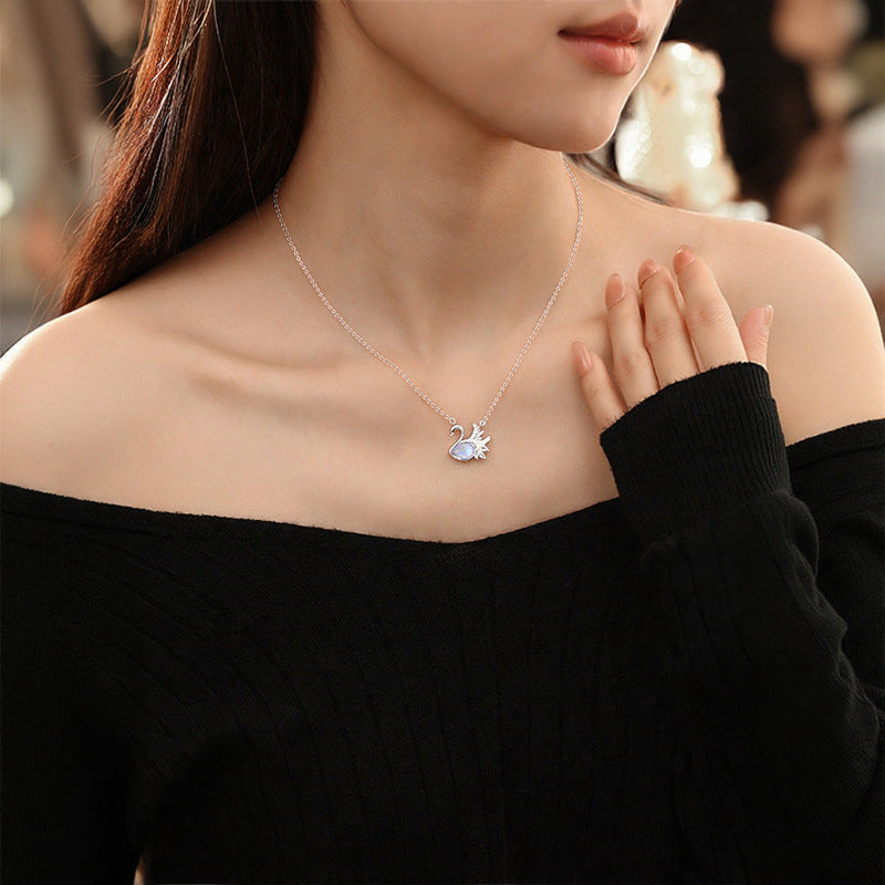 S925 Sterling Silver Natural White Agate Necklace Female Niche Design Sense Korean Gentle Style Clavicle Chain Double Swan Pendant